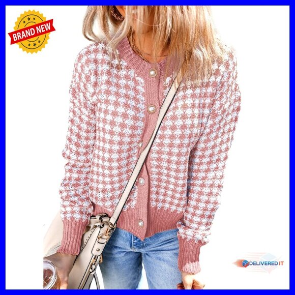 Sweaters - V Neck Cable Knit Cardigan Long Sleeve Plaid Button Down Chic Fall Winter